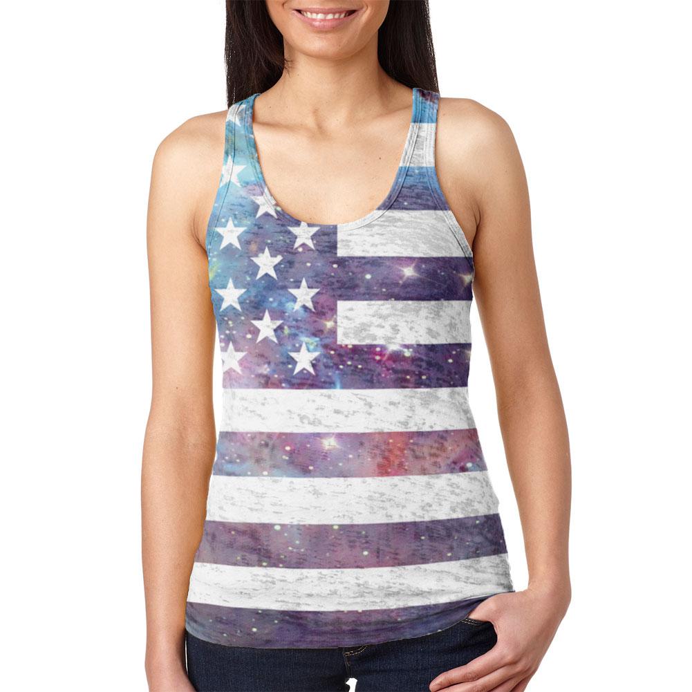 4th of July Galaxy American Flag USA Juniors Burnout Racerback Tank Top Juniors Tank Tops Old Glory 2XL Multi