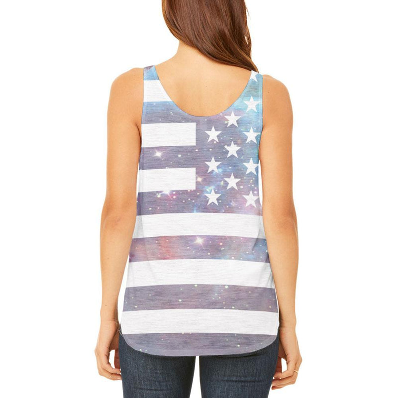 4th of July Galaxy American Flag USA Juniors Flowy Side Slit Tank Top Juniors Tank Tops Old Glory