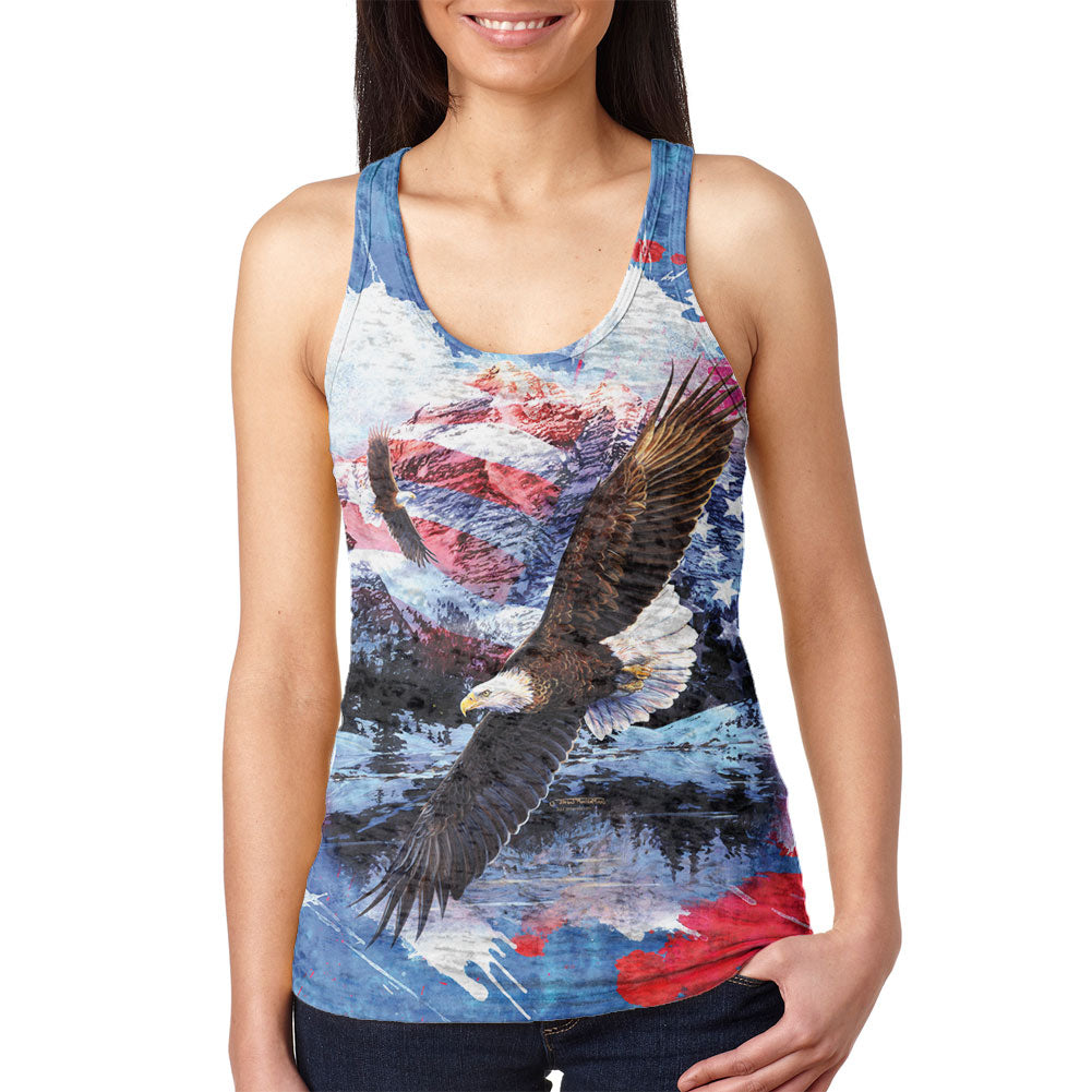 4th of July American Flag Bald Eagle Splatter Juniors Burnout Racerback Tank Top Juniors Tank Tops 4th of July 2XL Multicolor