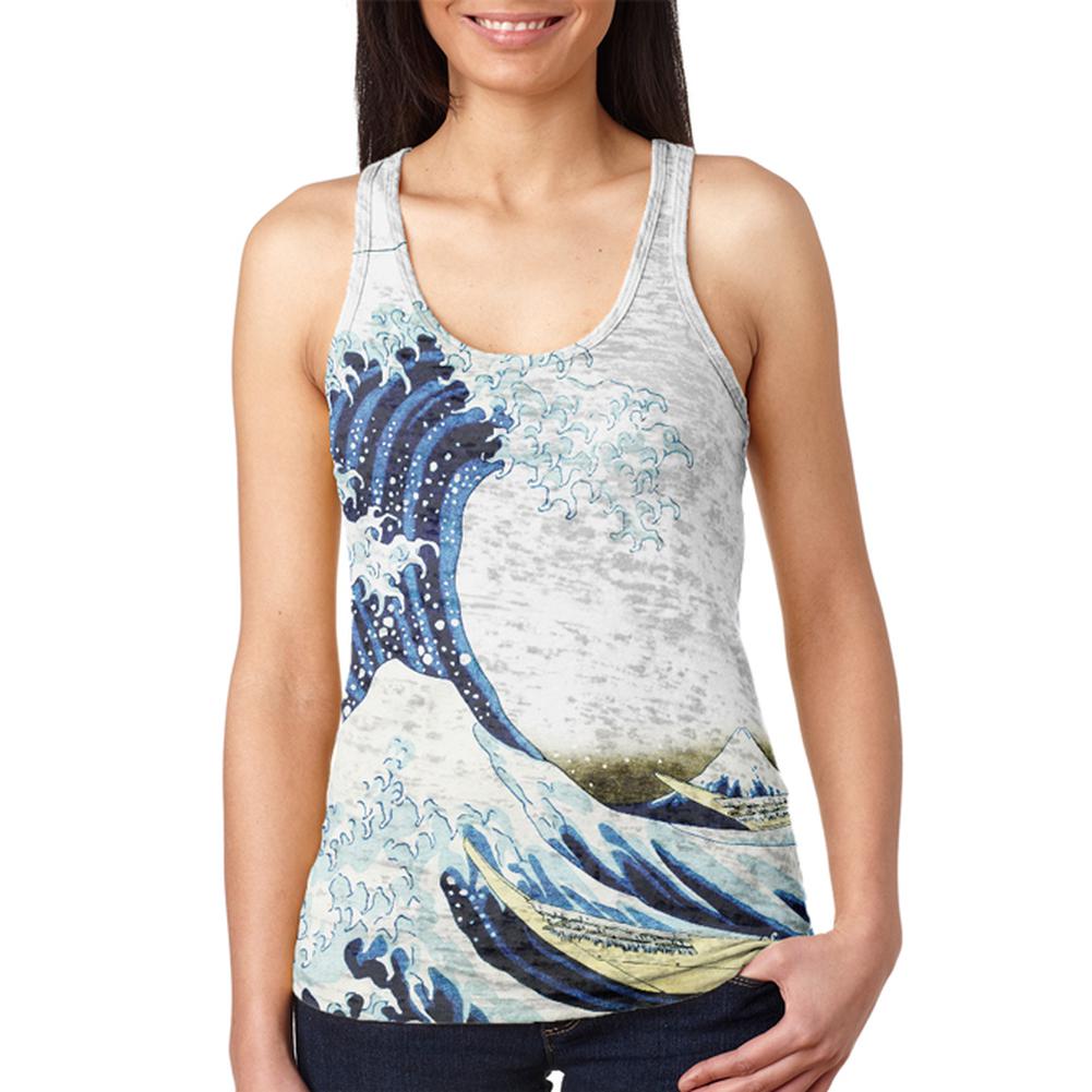 Great Wave Tsunami Japanese Painting Vintage Juniors Burnout Racerback Tank Top Juniors Tank Tops Old Glory 2XL Multi