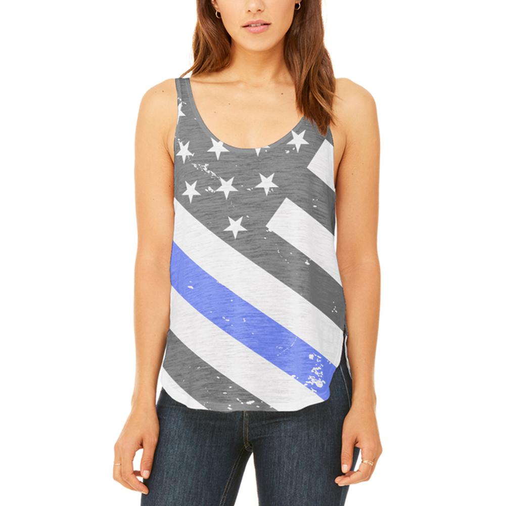 Distressed Thin Blue Line American Flag Vintage Juniors Flowy Side Slit Tank Top Juniors Tank Tops Old Glory 2XL Multi