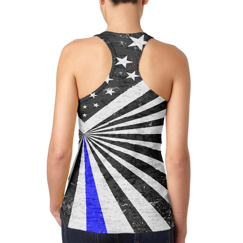 Thin Blue Line Flag Retro Sunburst Juniors Burnout Racerback Tank Top Juniors Tank Tops Old Glory