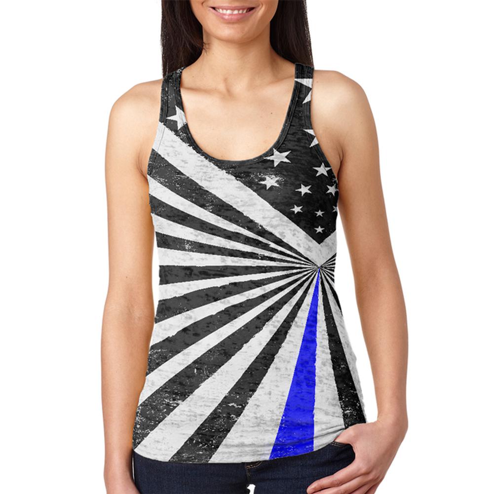 Thin Blue Line Flag Retro Sunburst Juniors Burnout Racerback Tank Top Juniors Tank Tops Old Glory 2XL Multi