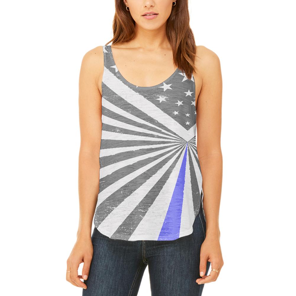 Thin Blue Line Flag Retro Sunburst Juniors Flowy Side Slit Tank Top Juniors Tank Tops Old Glory 2XL Multi