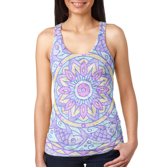 Trippy Fish Mandala Vintage Juniors Burnout Racerback Tank Top Juniors Tank Tops Old Glory 2XL Multicolor