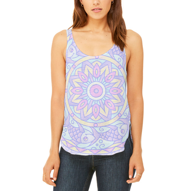 Trippy Fish Mandala Vintage Juniors Flowy Side Slit Tank Top Juniors Tank Tops Old Glory 2XL Multi