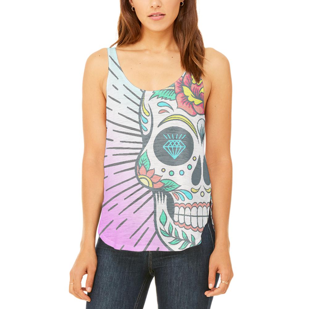 Super Cool Sugar Skull Tattoo Ombre Juniors Flowy Side Slit Tank Top Juniors Tank Tops Old Glory 2XL Multi