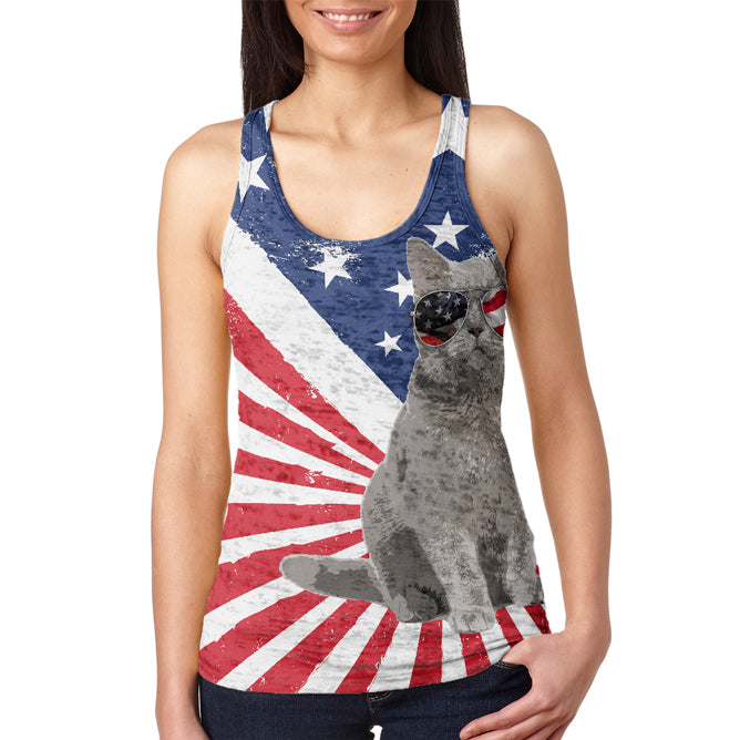 4th Of July Meowica America Patriot Cat Juniors Burnout Racerback Tank Top Juniors Tank Tops 4th of July 2XL Multicolor