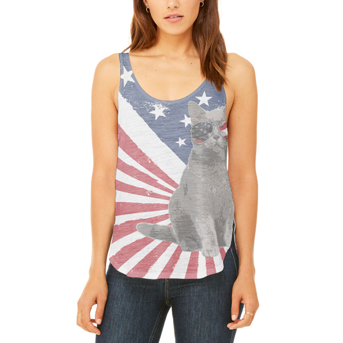 4th Of July Meowica America Patriot Cat Juniors Flowy Side Slit Tank Top Juniors Tank Tops 4th of July 2XL Multicolor