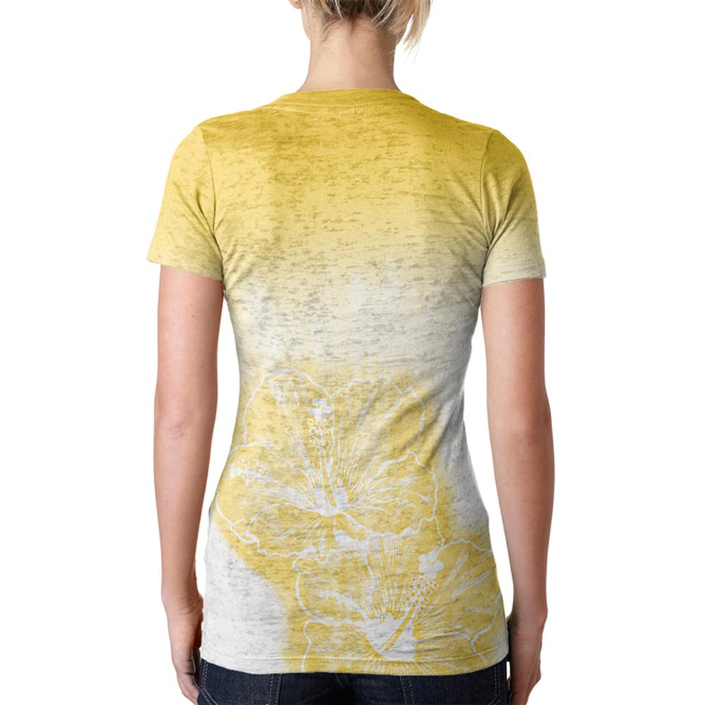 Ombre Oahu Yellow Hibiscus Flowers Juniors Burnout V-Neck T-Shirt Juniors T-Shirts Old Glory