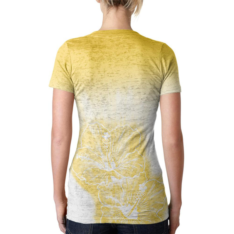 Ombre Oahu Yellow Hibiscus Flowers Juniors Burnout V-Neck T-Shirt Juniors T-Shirts Old Glory