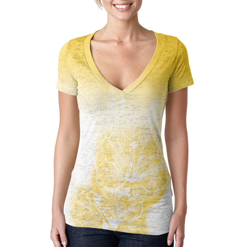 Ombre Oahu Yellow Hibiscus Flowers Juniors Burnout V-Neck T-Shirt Juniors T-Shirts Old Glory 2XL Multi
