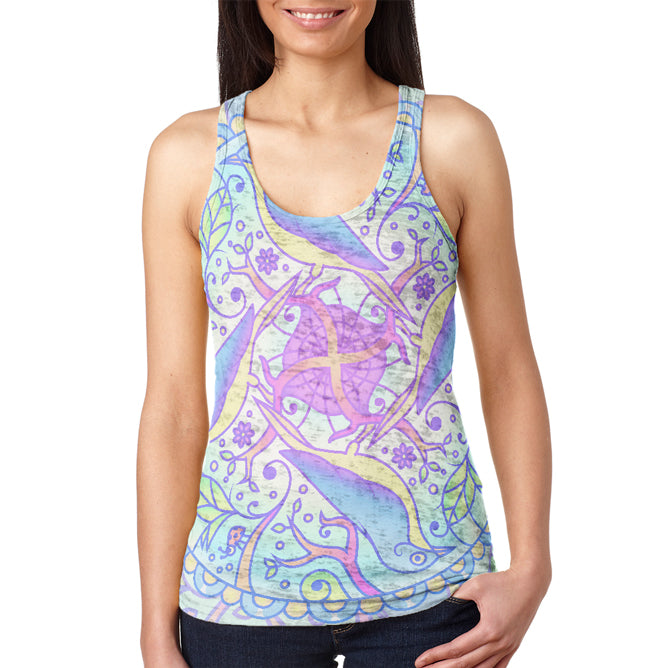Trippy Spring Birds Mandala Vintage Juniors Burnout Racerback Tank Top Junior's Tank Tops Old Glory 2XL Multi
