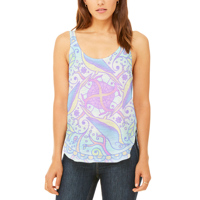 Trippy Spring Birds Mandala Vintage Juniors Flowy Side Slit Tank Top Junior's Tank Tops Old Glory 2XL Multi