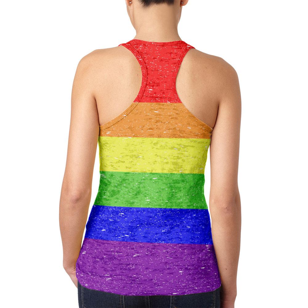 Distressed LGBT Rainbow Gay Pride Flag Juniors Burnout Racerback Tank Top Juniors Tank Tops Old Glory