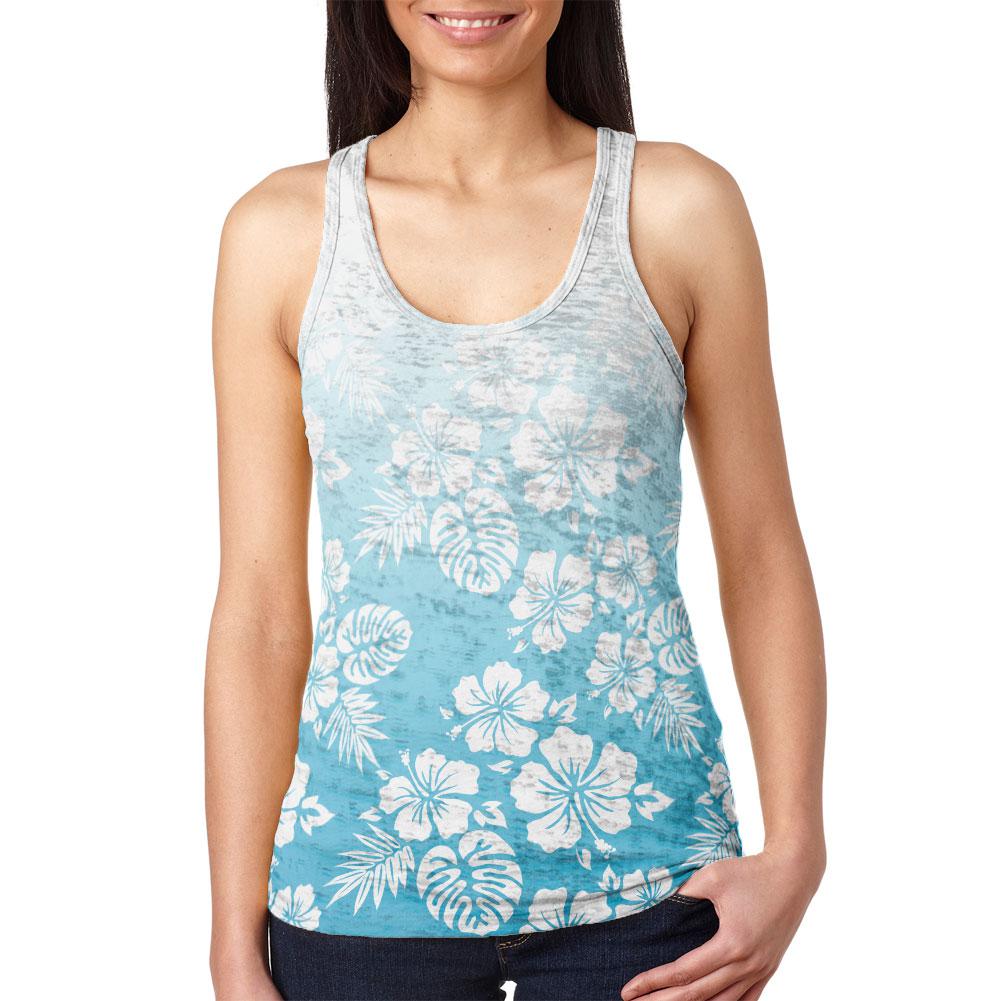 Summer Sun Ombre Hibiscus Juniors Burnout Racerback Tank Top Juniors Tank Tops Old Glory 2XL Blue