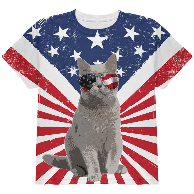 4th Of July Meowica America Patriot Cat All Over Youth T Shirt Youth T-Shirts 4th of July YLG Multicolor