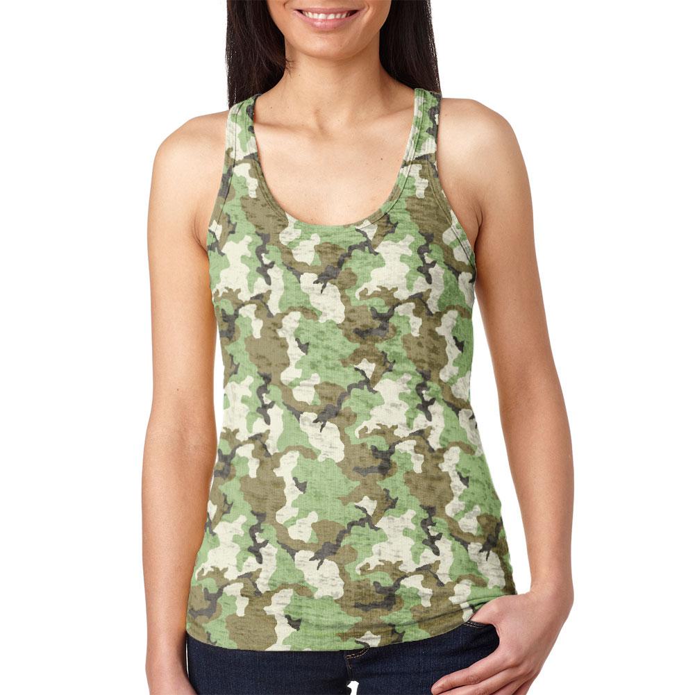 Green Woodland Camo Light Juniors Burnout Racerback Tank Top Juniors Tank Tops Old Glory 2XL Multi