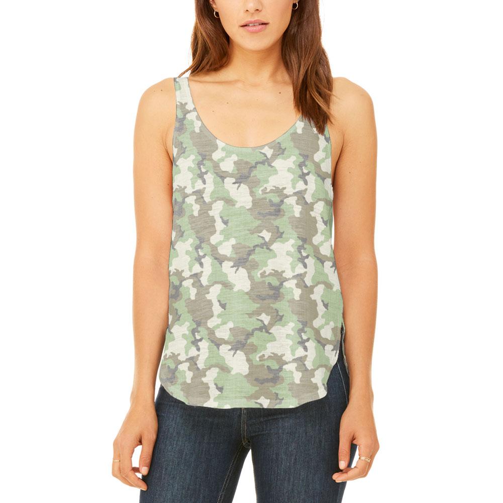 Green Woodland Camo Light Juniors Flowy Side Slit Tank Top Juniors Tank Tops Old Glory 2XL Multi
