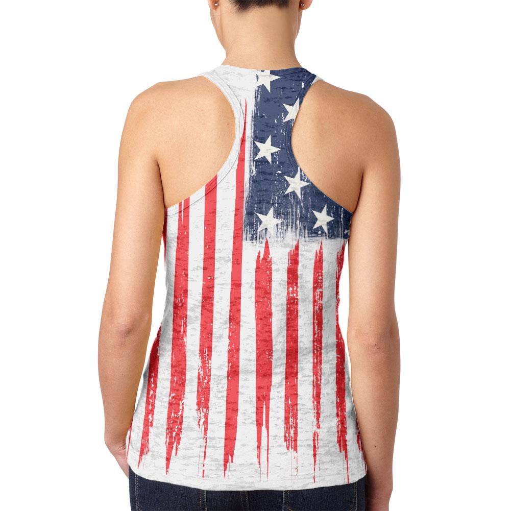 4th of July Distressed Brushed American Flag Juniors Burnout Racerback Tank Top Juniors Tank Tops Old Glory