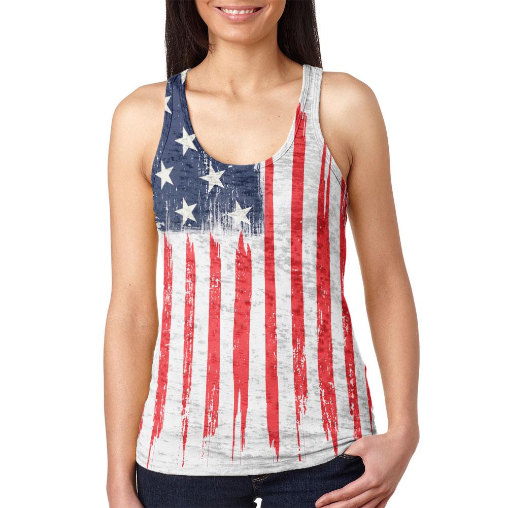 4th of July Distressed Brushed American Flag Juniors Burnout Racerback Tank Top Juniors Tank Tops Old Glory 2XL Multi