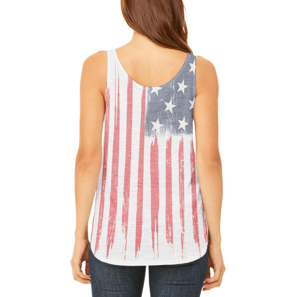 4th of July Distressed Brushed American Flag Juniors Flowy Side Slit Tank Top Juniors Tank Tops Old Glory
