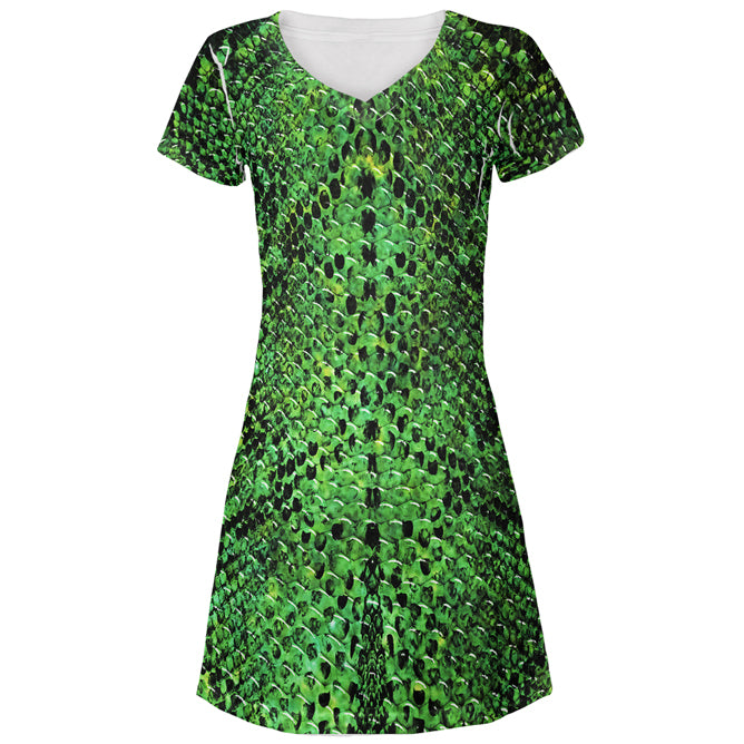 Halloween Green Snake Snakeskin Costume All Over Juniors Beach Cover-Up Dress, XL / Multi