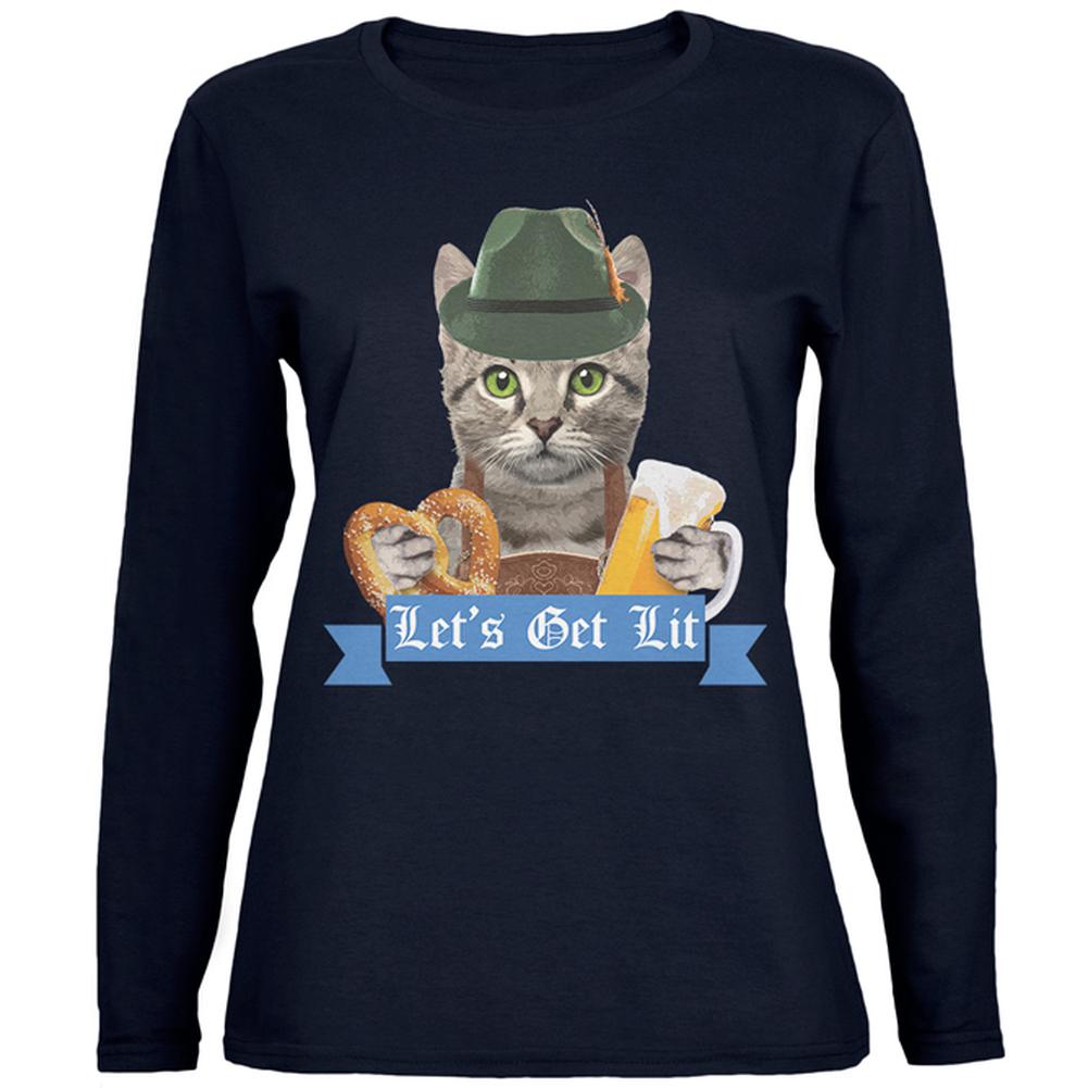Oktoberfest Funny Cat Let's Get Lit Womens Long Sleeve T Shirt Women's Long Sleeves Old Glory 2XL Navy