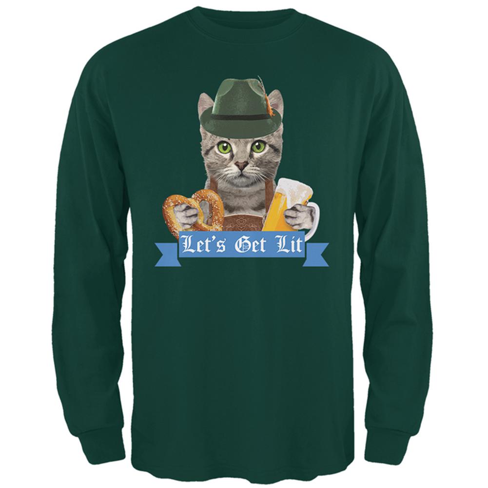 Oktoberfest Funny Cat Let's Get Lit Mens Long Sleeve T Shirt Men's Long Sleeves Old Glory 2XL Forest Green