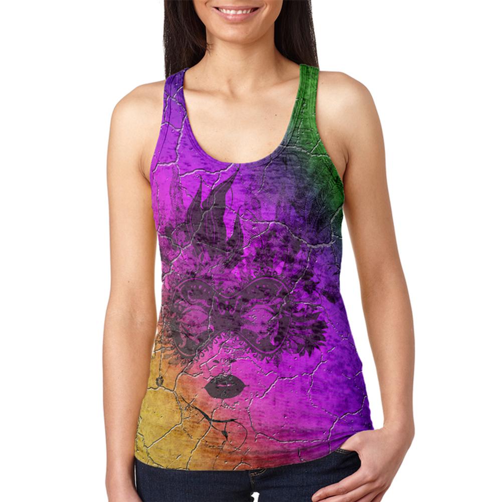 Mardi Gras Party Mask Distressed Grunge Flag Juniors Burnout Racerback Tank Top Juniors Tank Tops Old Glory 2XL Multi
