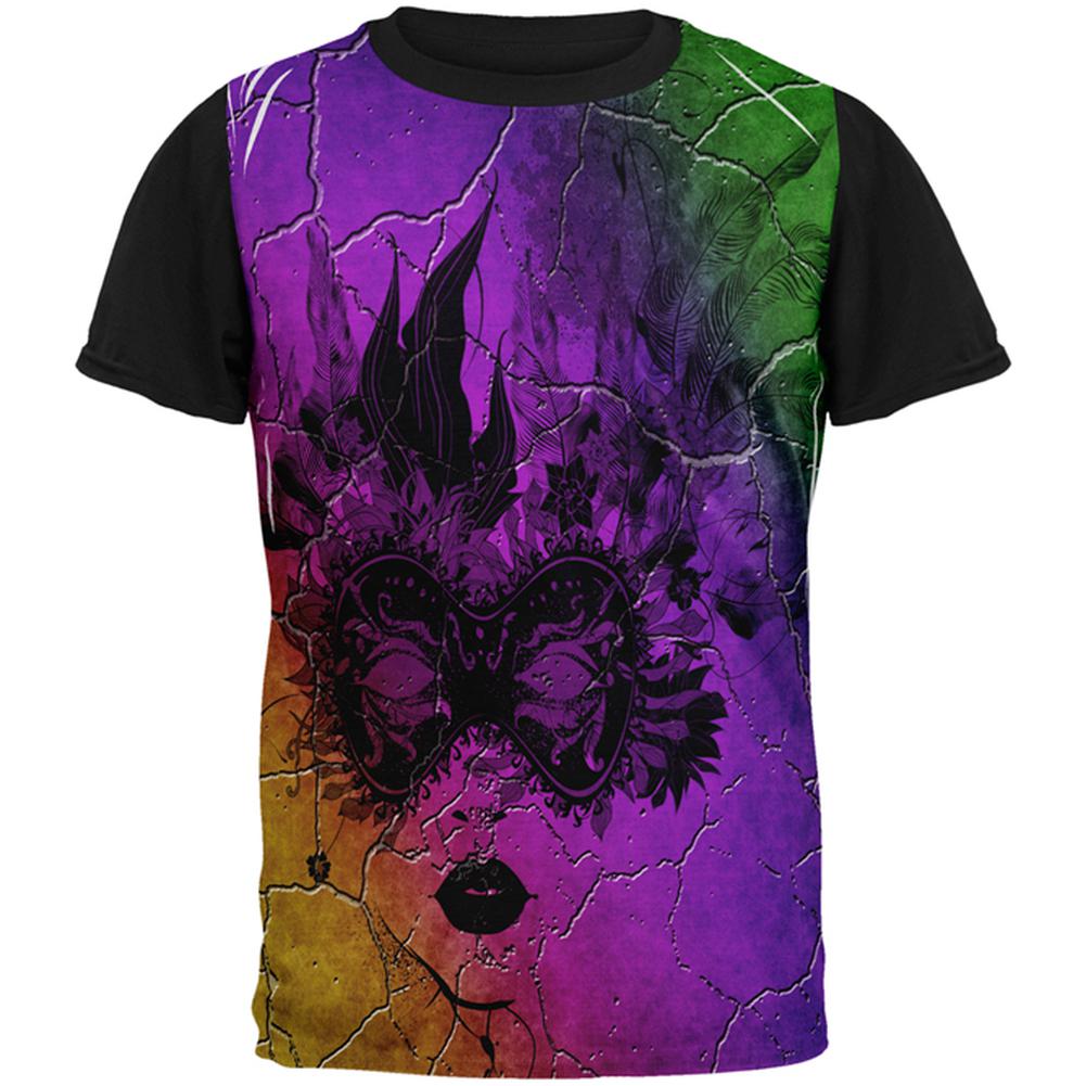 Mardi Gras Party Mask Distressed Grunge Flag All Over Mens Black Back T Shirt Men's T-Shirts Old Glory MD Multi