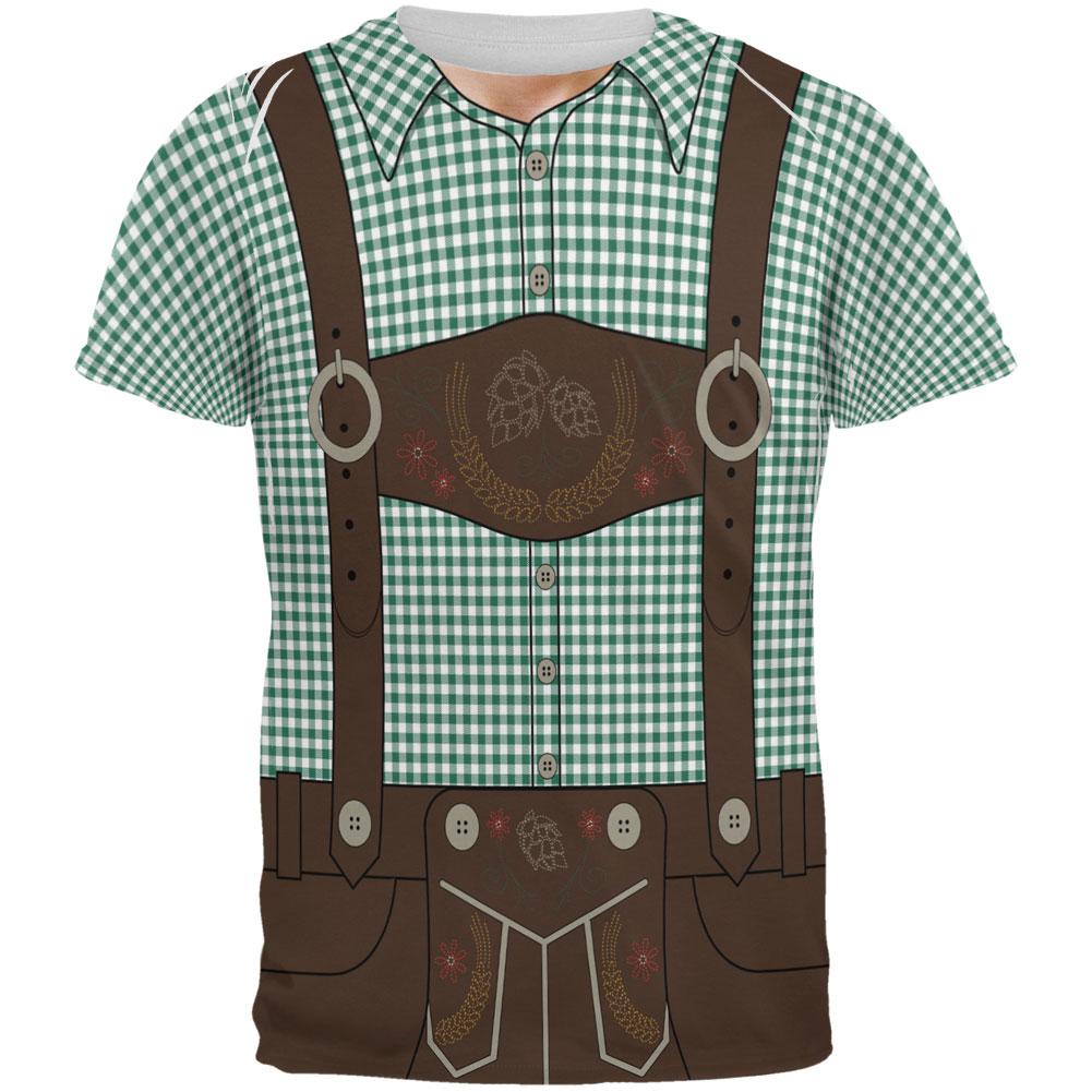 Oktoberfest Lederhosen Costume German Brown Suspenders All Over Mens T Shirt Men's T-Shirts Old Glory SM Green