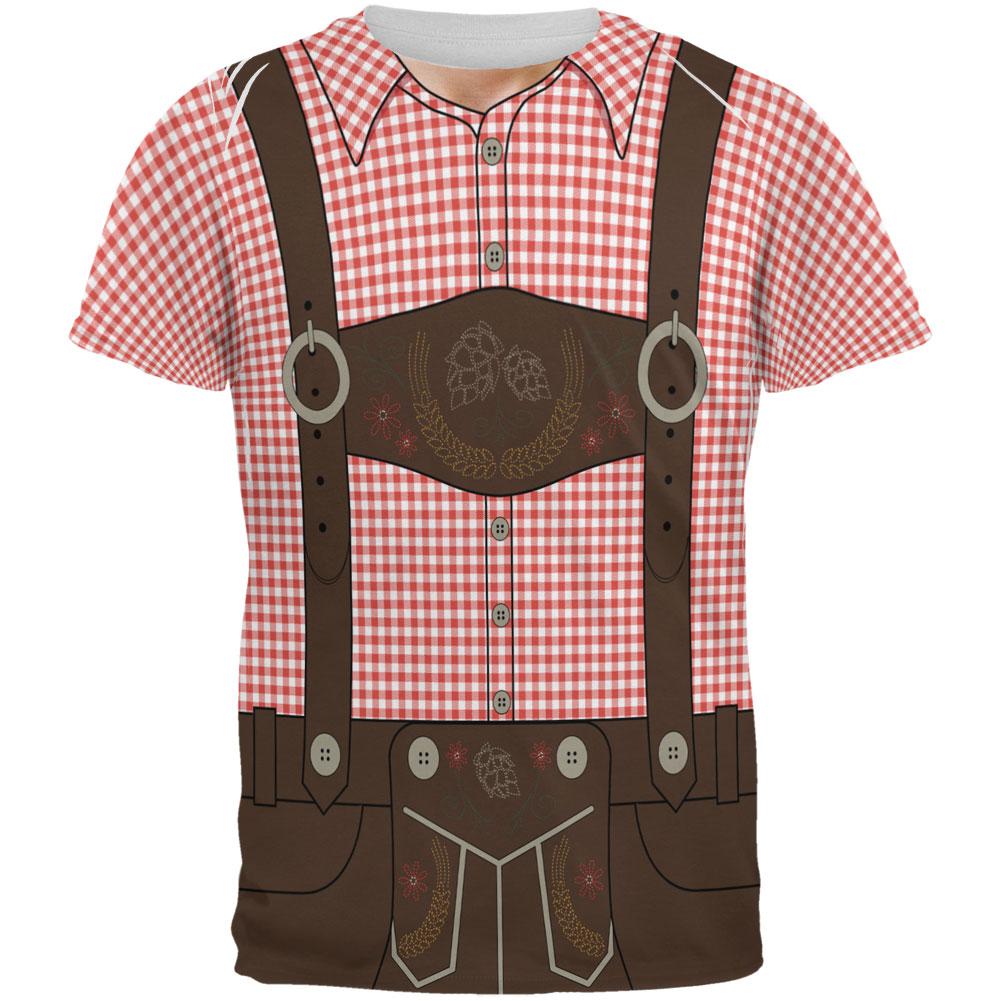 Oktoberfest Lederhosen Costume German Brown Suspenders All Over Mens T Shirt Men's T-Shirts Old Glory SM Red