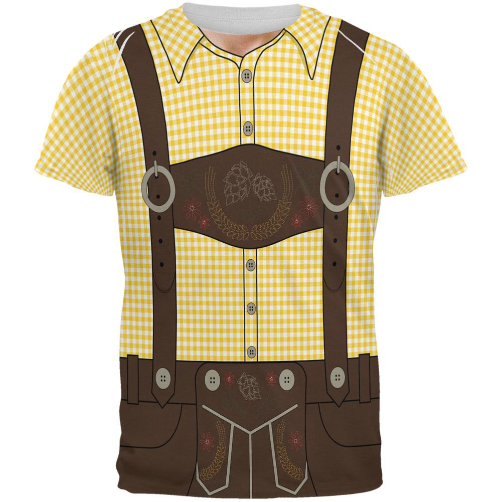 Oktoberfest Lederhosen Costume German Brown Suspenders All Over Mens T Shirt Men's T-Shirts Old Glory SM Yellow