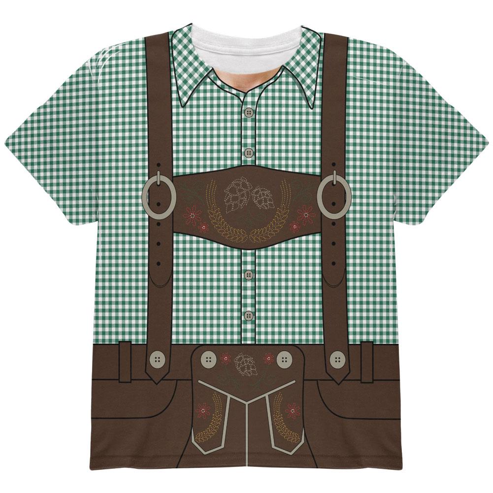 Oktoberfest Lederhosen Costume German Brown Suspenders All Over Youth T Shirt Youth T-Shirts Old Glory LG Green