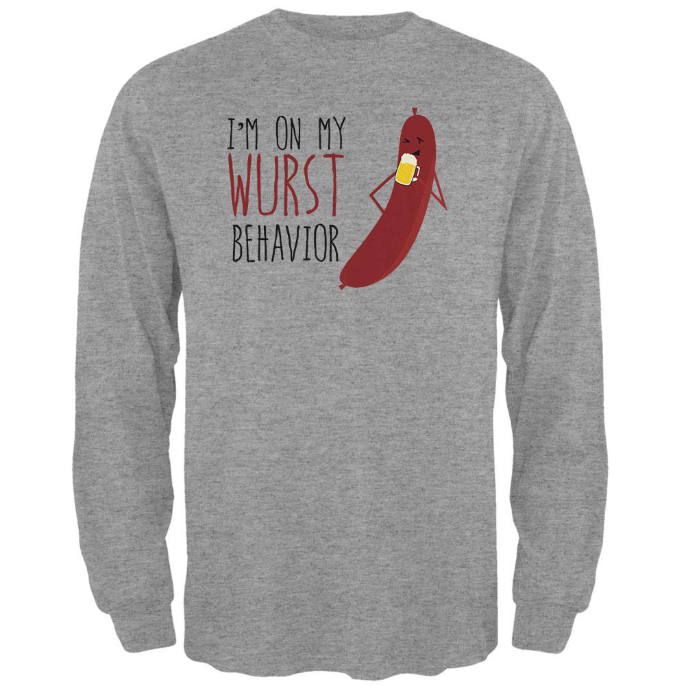 Oktoberfest I'm On My Wurst Behavior German Beer Bratwurst Mens Long Sleeve T Shirt Men's Long Sleeves Old Glory 2XL Heather