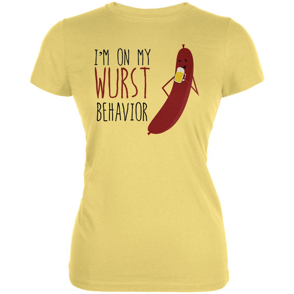 Oktoberfest I'm On My Wurst Behavior German Beer Bratwurst Juniors Soft T Shirt Juniors T-Shirts Old Glory LG Yellow