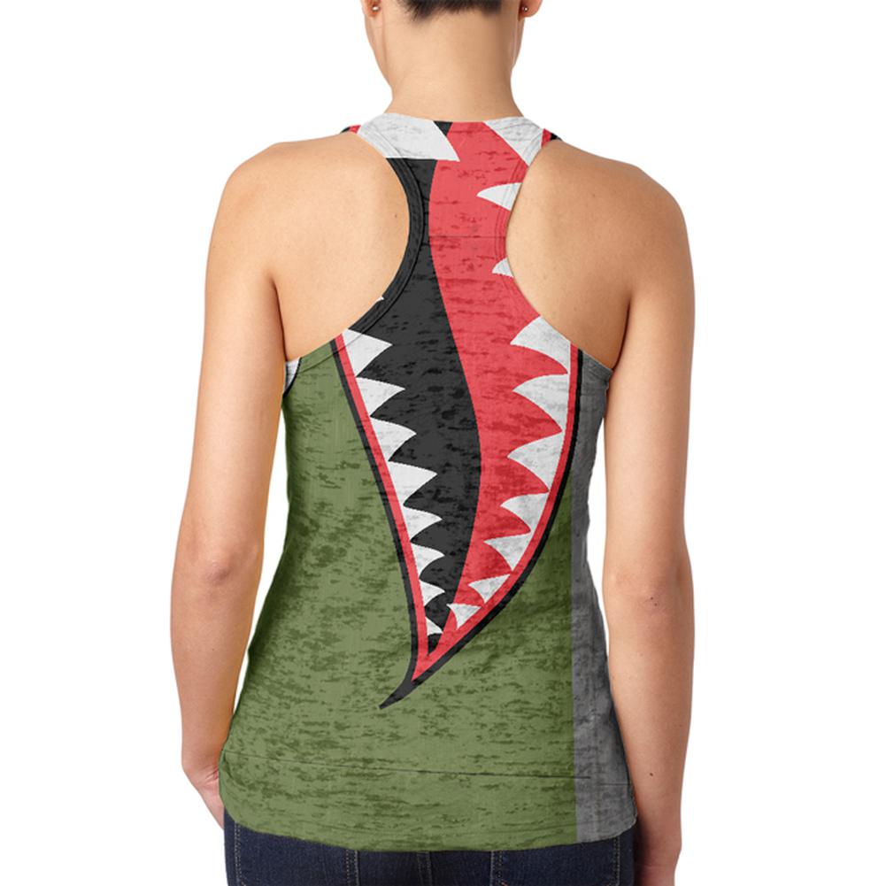 Halloween WWII Flying Tiger Fighter Shark Nose Art Juniors Burnout Racerback Tank Top Juniors Tank Tops Old Glory