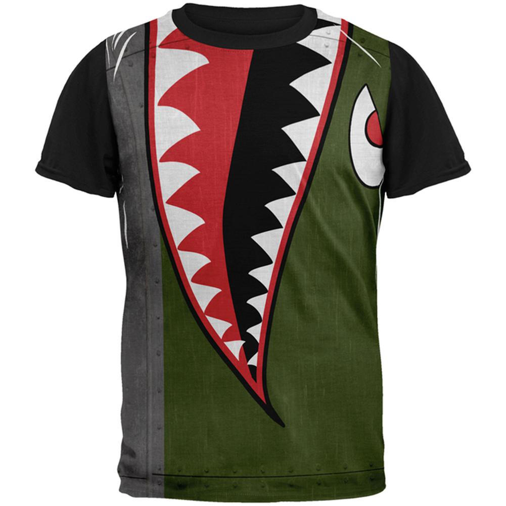 Halloween WWII Flying Tiger Fighter Shark Art All Over Mens Black Back T Shirt Men's T-Shirts Old Glory MD Multi