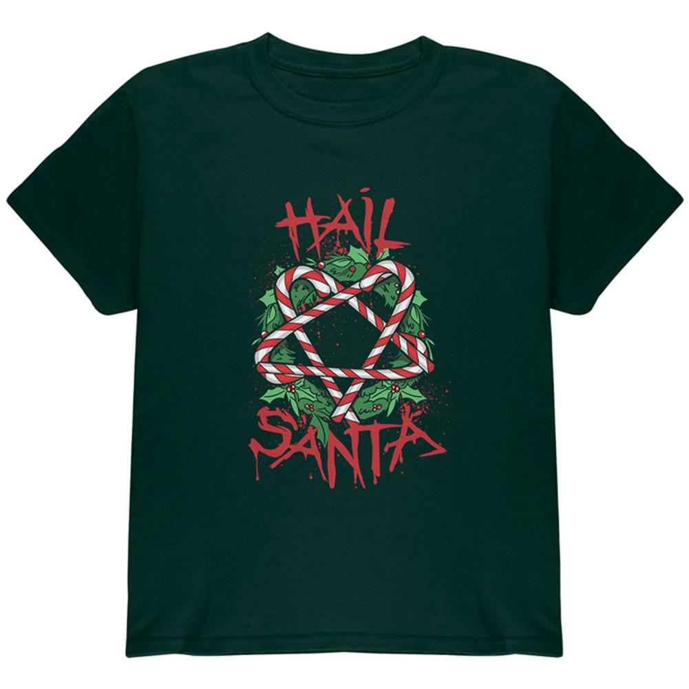 Christmas Hail Santa Pentagram Wreath Youth T Shirt Youth T-Shirts Old Glory LG Forest Green