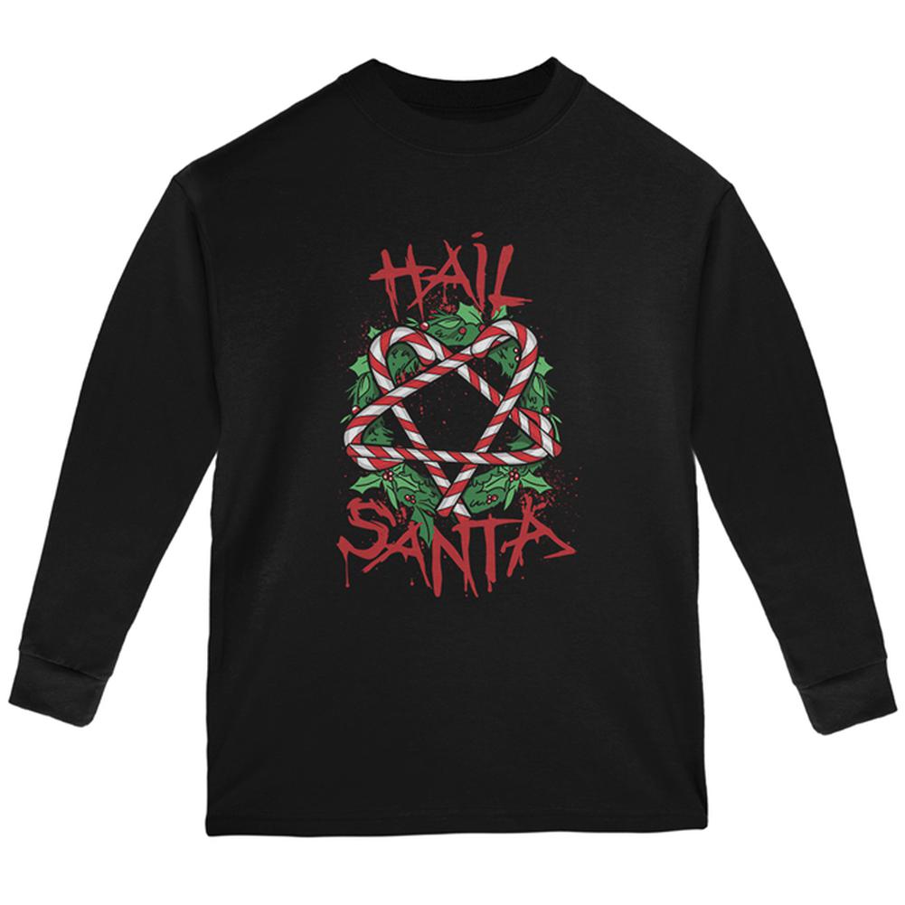 Christmas Hail Santa Pentagram Wreath Youth Long Sleeve T Shirt Youth Long Sleeves Old Glory LG Black