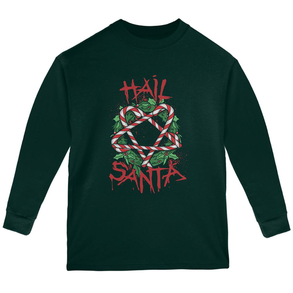 Christmas Hail Santa Pentagram Wreath Youth Long Sleeve T Shirt Youth Long Sleeves Old Glory LG Forest Green