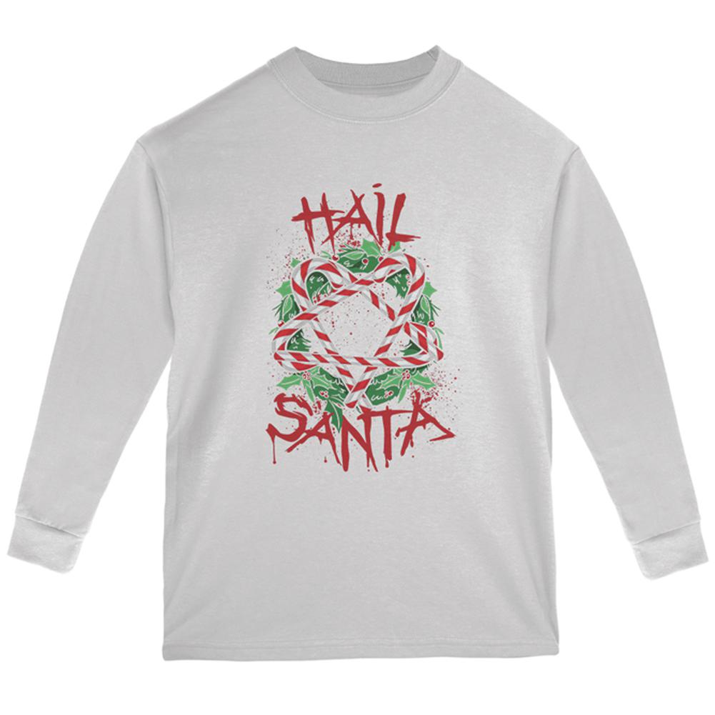 Christmas Hail Santa Pentagram Wreath Youth Long Sleeve T Shirt Youth Long Sleeves Old Glory LG White