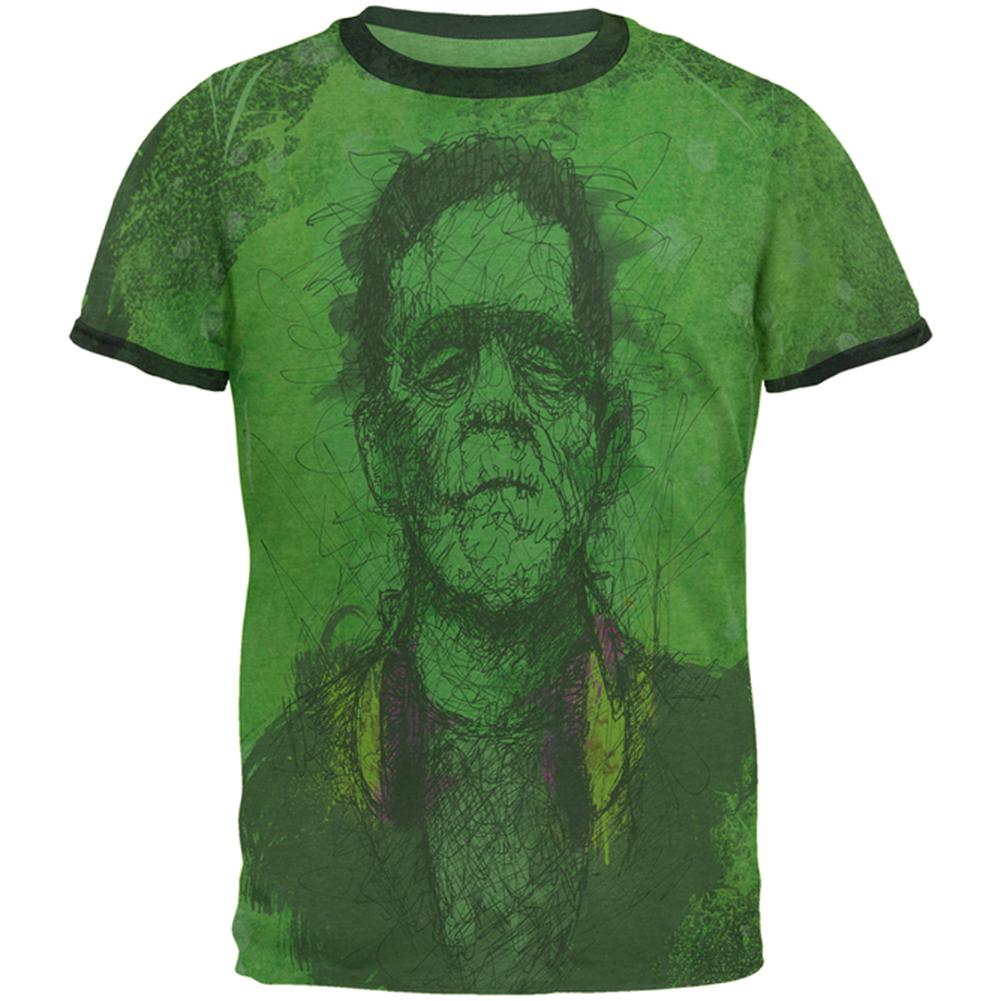 Halloween Frankenstein Raver Horror Movie Monster Mens Ringer T Shirt Men's T-Shirts Old Glory 2XL Heather Green-Forest