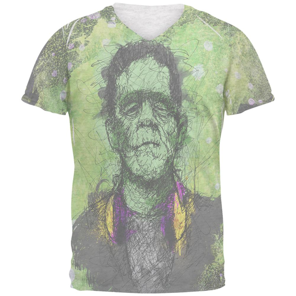 Halloween Frankenstein Raver Horror Movie Monster Mens Soft V-Neck T Shirt Men's T-Shirts Old Glory 2XL Heather White