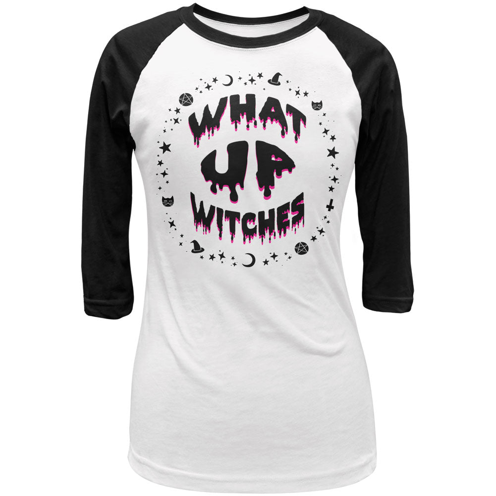 Halloween What Up Witches Black Text Juniors 3/4 Sleeve Raglan T Shirt Juniors T-Shirts Old Glory LG White-Black