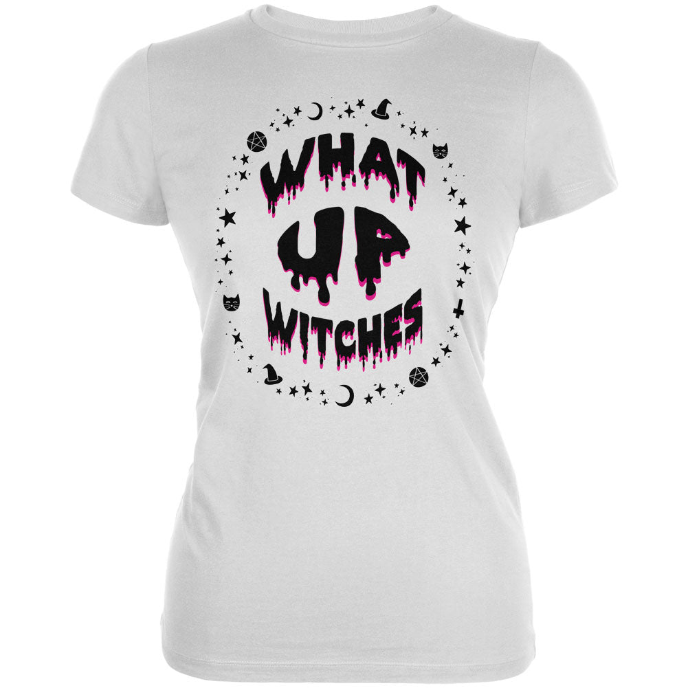 Halloween What Up Witches Witchy Elements Black Text Juniors Soft T Shirt Juniors T-Shirts Old Glory 2XL White