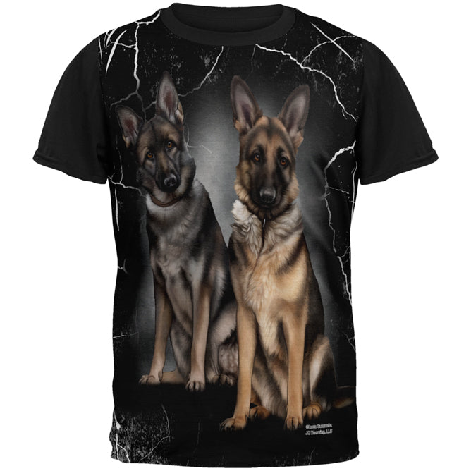 German Shepherds Live Forever All Over Mens Black Back T Shirt Men's T-Shirts Old Glory SM Multi