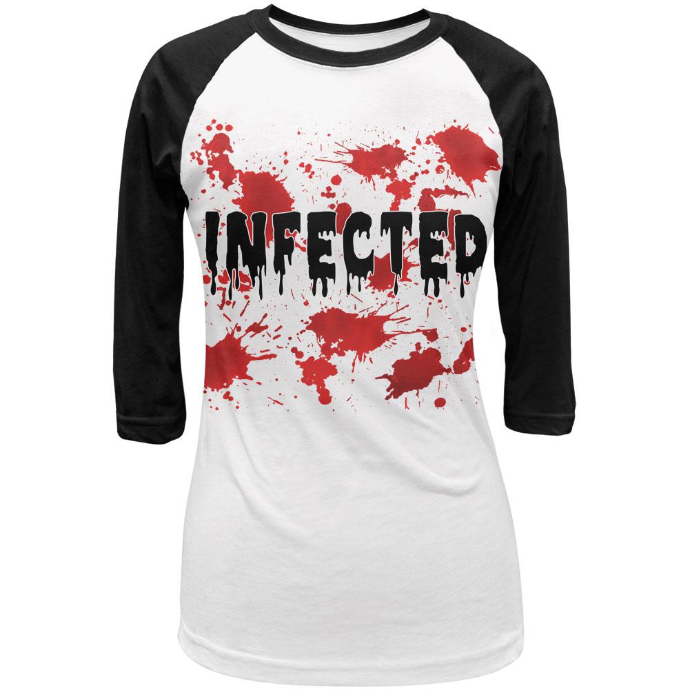 Halloween Infected Blood Splatter Juniors 3/4 Sleeve Raglan T Shirt Juniors T-Shirts Old Glory LG White-Black