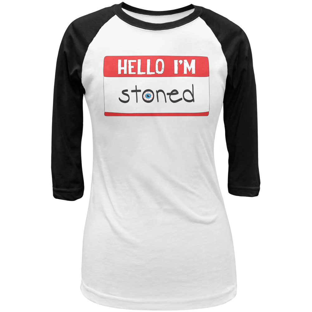 Halloween Hello I'm Stoned Juniors 3/4 Sleeve Raglan T Shirt Juniors T-Shirts Old Glory LG White-Black